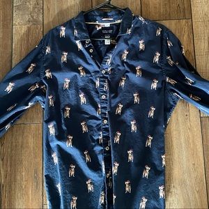 Denim and Flower Ugly Christmas shirt.  Chihuahua’s w/ Santa hats.